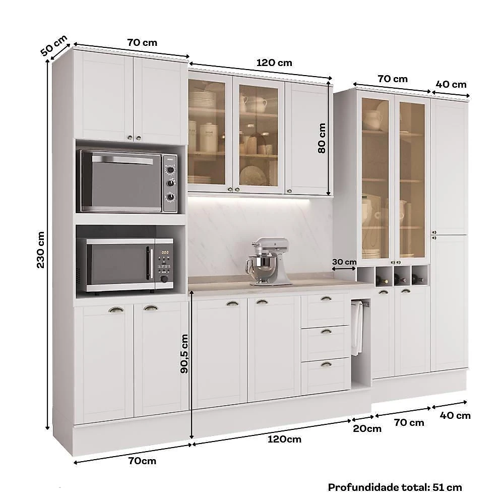 Cozinha Milla Nora 15 Portas 3 Gavetas MDF 320CM Branca Móveis Carraro