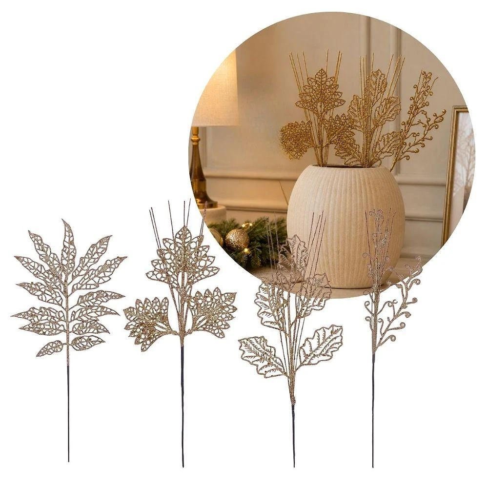 Conjunto 4 Galhos Natalinos Magizi com Glitter Ocre 30CM Plástico Yangzi