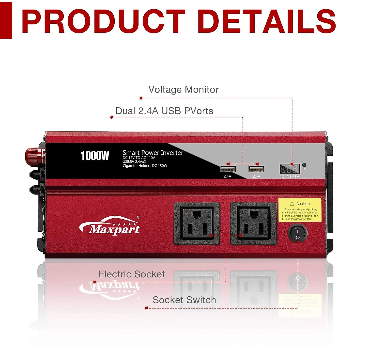 Maxpart Inversor de Potência Automotivo 1000W cPorta USB Duplo e Acendedor de Cigarro
