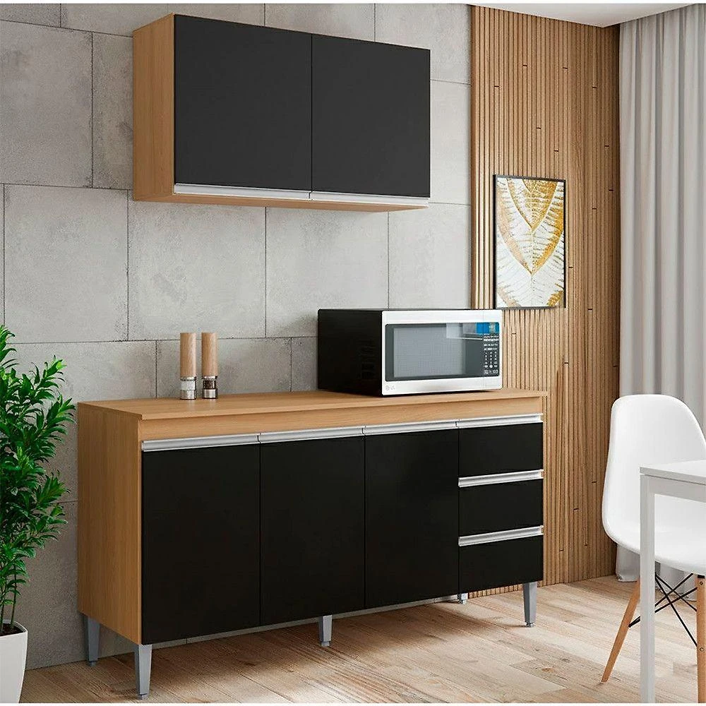 Conjunto Kit Cozinha Balcão Pia e Armário Aéreo 2 Portas MDF 80CM Amêndoa e Preto AJL Mov