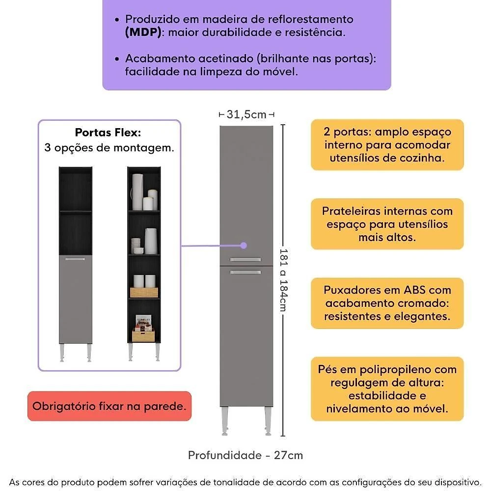 Paneleiro Armário De Cozinha 31,5cm 2 Portas Flex Pequim Multimóveis Mp2382 Preto/lacca Fumê