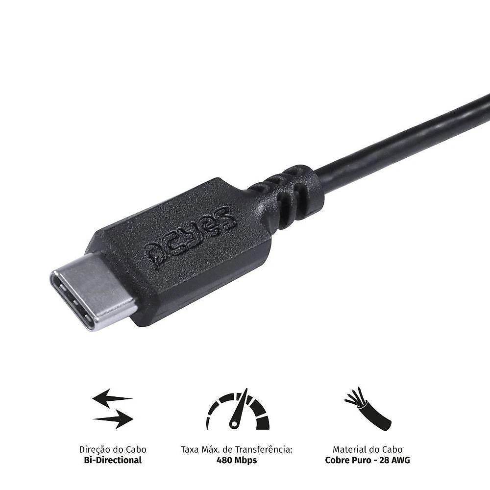 Cabo USB Tipo C Pcyes para Celular Carregamento e Dados 2.0 480MBPS 5V 3A Preto 2M