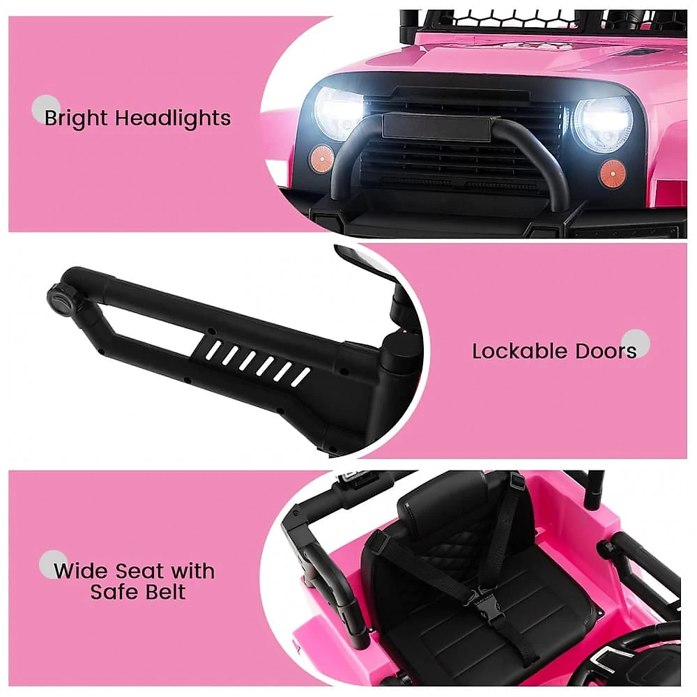 Caminhão Elétrico Infantil OLAKIDS Rosa 12V Jeep 2 Velocidades Controle Remoto Suspensão Porta Dupla LED Música USB MP3 TF