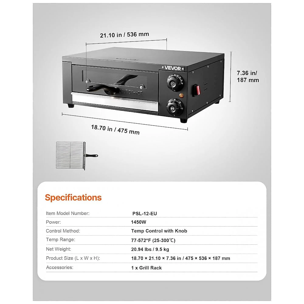 Forno de Pizza Elétrico VEVOR PSL-12 Preto 30 cm 1450W Timer Duplo Resistor 110V