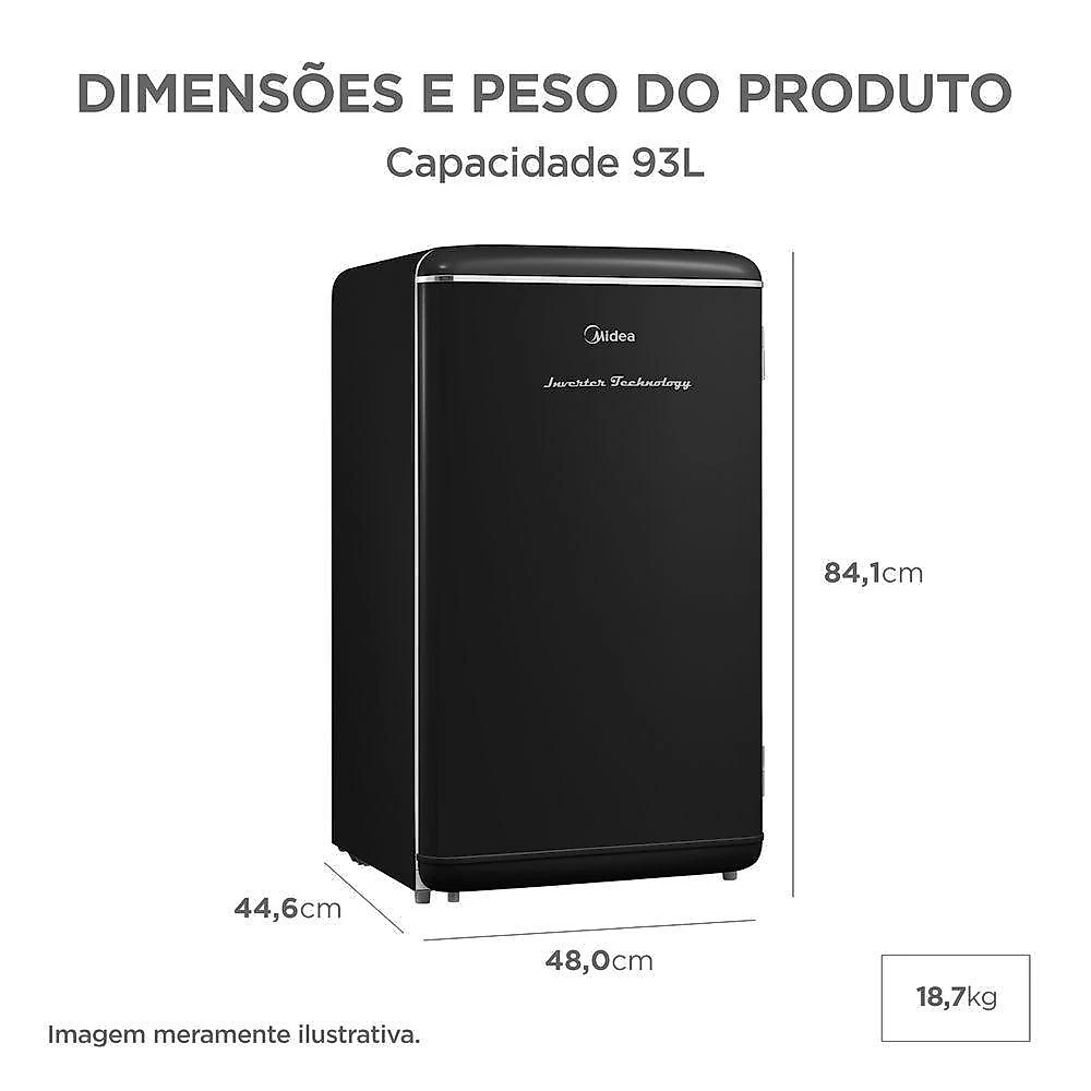 Frigobar midea mdrd142rtd303 93l inverter retrô preto com prateleiras de vidro bivolt