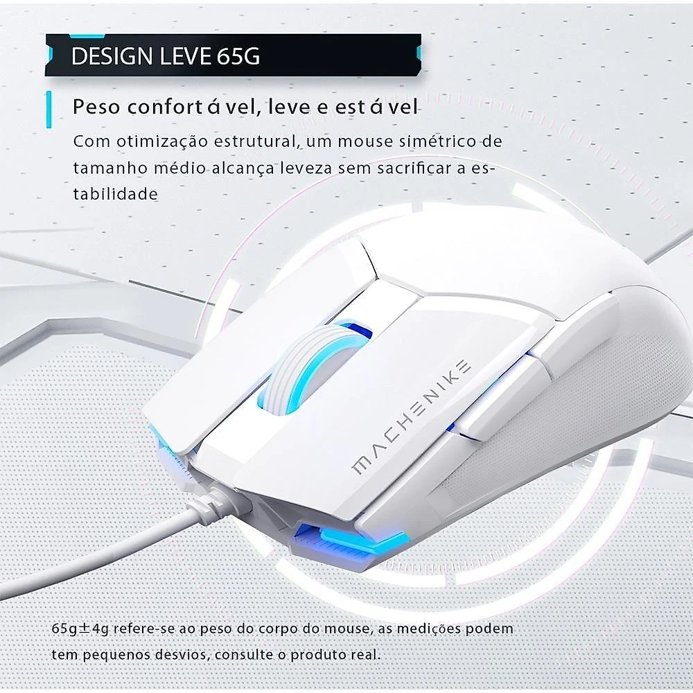 Mouse Gamer Machenike M7 Pro, Com fio, 12800 DPI, 6 botões, Branco - JJ02GL006