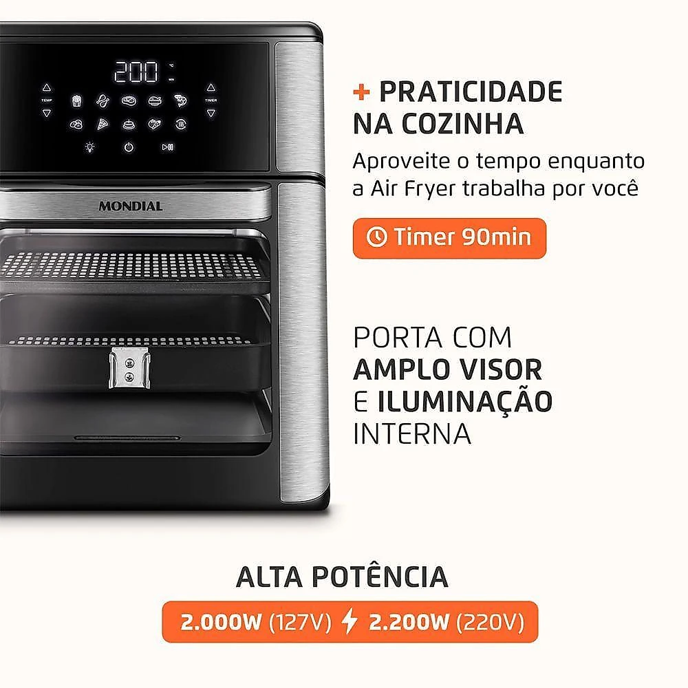 Fritadeira Air Fryer Forno Oven 12L Mondial Inox Preto 2000W AFON-12L-BIN 220V