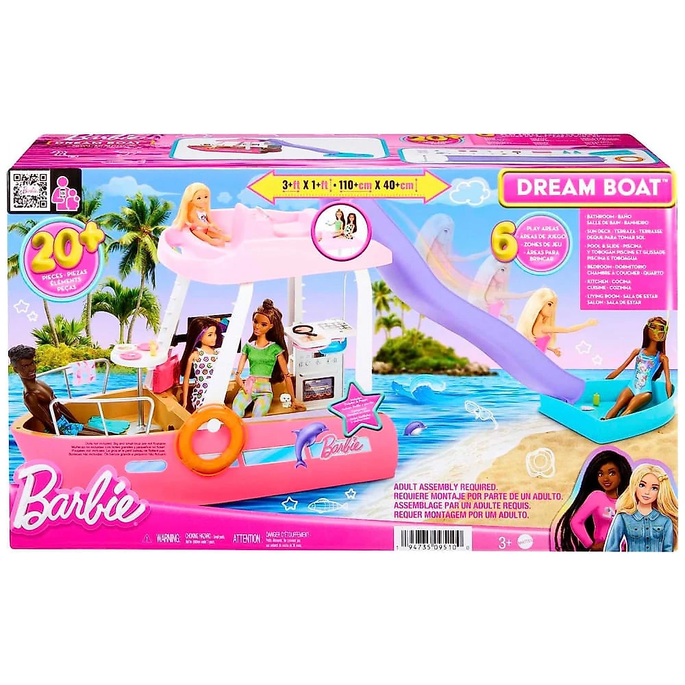 Barco de Brinquedo da Barbie com 20 Peças, Incluindo Piscina, Golfinho Escorregador e Acessórios Temáticos do Oceano