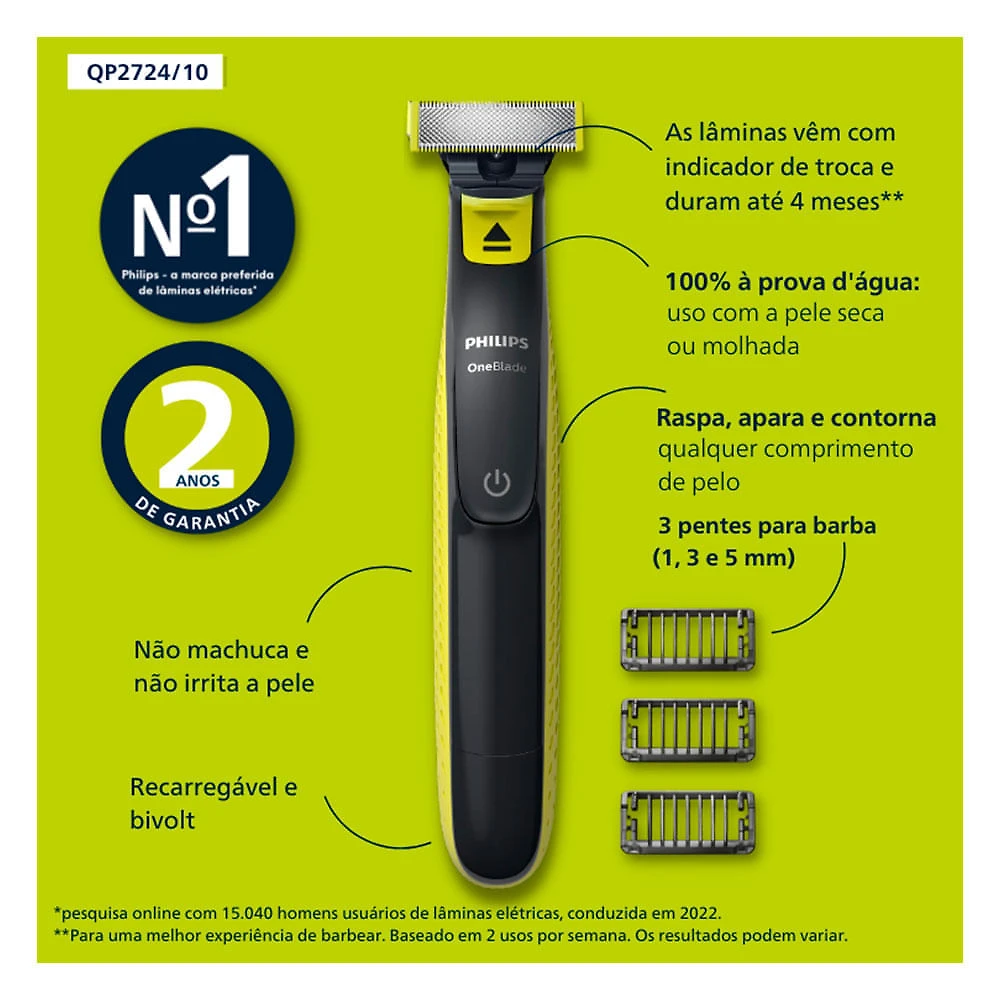 Miniatura Aparador e raspador OneBlade com 3 pentes, à prova d’água - QP2724/10 Philips Bivolt