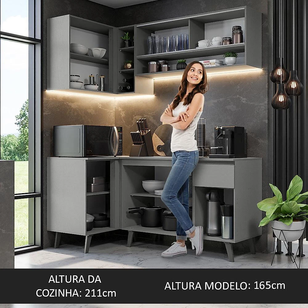 Armário de Cozinha Completa de Canto 265cm Cinza Nice Madesa 01 Cinza