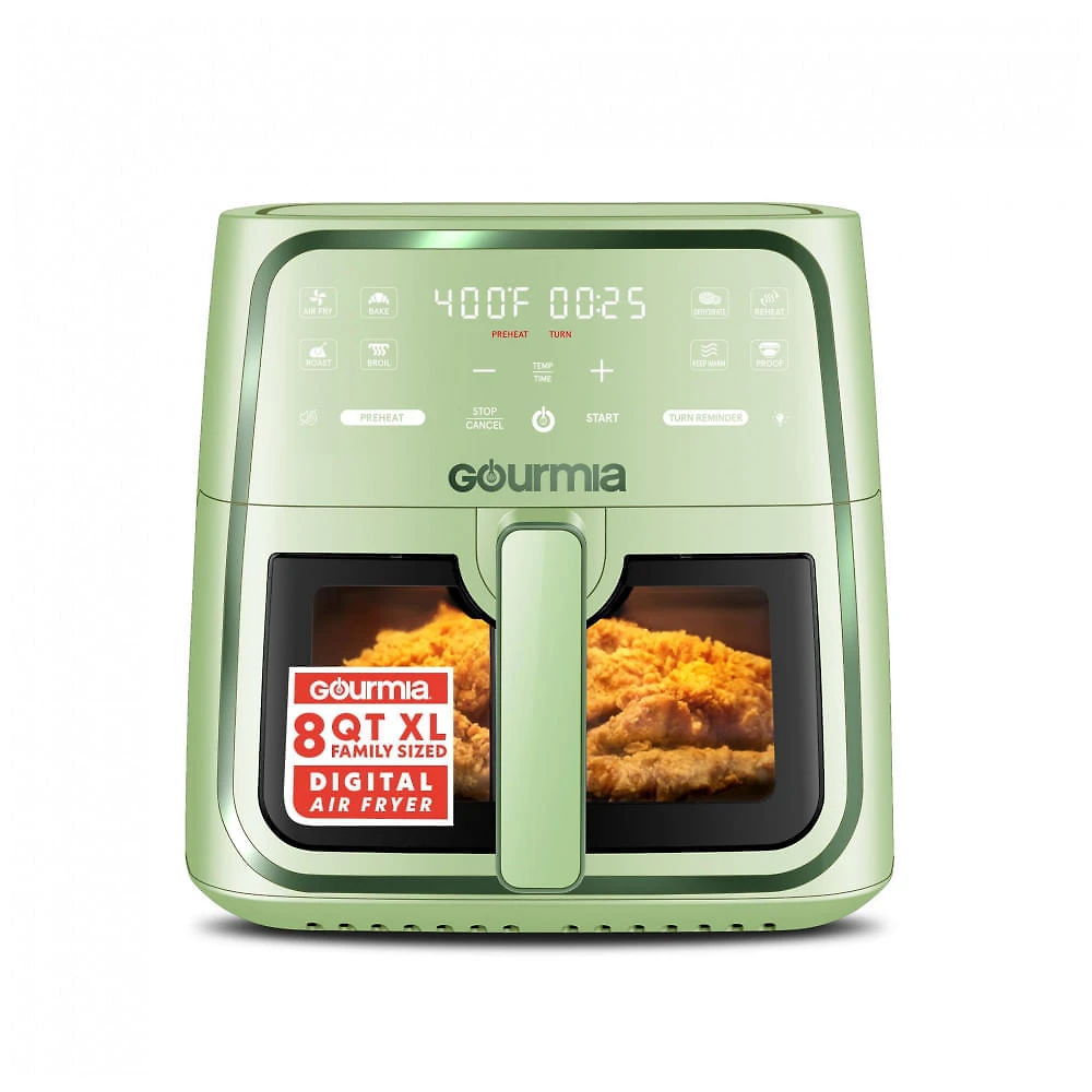 Fritadeira Elétrica Air Fryer Gourmia Verde 7,6L Janela com Luz 8 Programas FryForce 360 1700W 110V