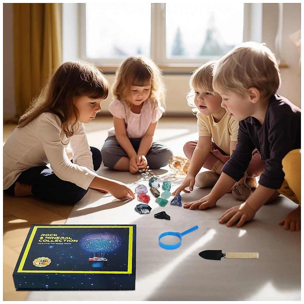 Kit Coleção de Pedras e Cristais Multicor – Caixa Exposição + Guias Educativos, Científico e Decorativo para Crianças, BTYCityMao