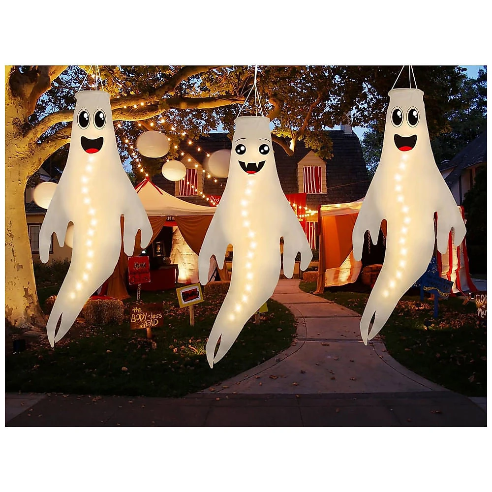 Kit Fantasmas de Pendurar com Luz LED para Decoração de Halloween, 3 UN, Branco