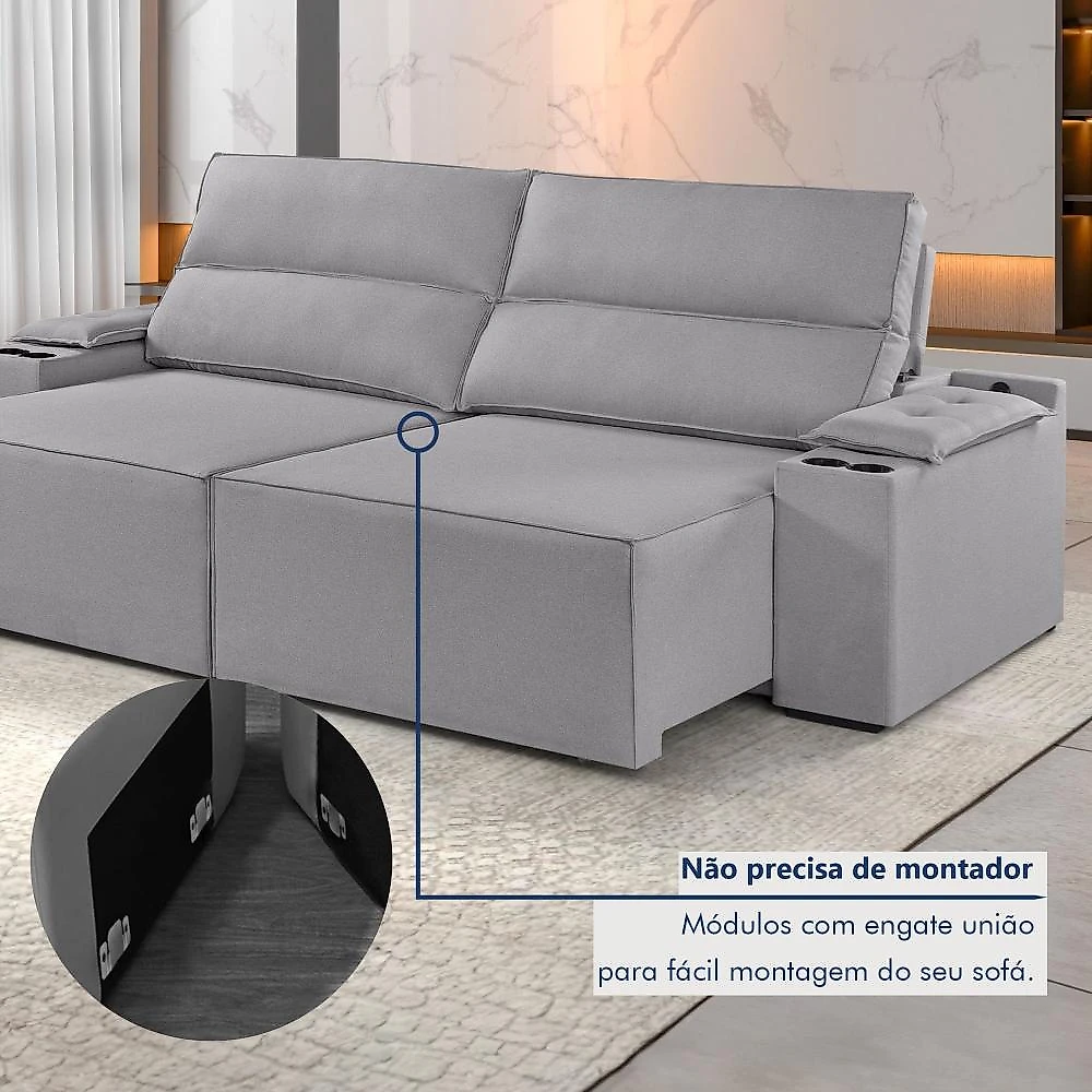 Sofá Retrátil e Reclinável 4 Lugares com Entrada USB e Porta Copos 250cm Irlanda Yescasa Sofá Retrátil e Reclinável 4 Lugares 250cm M180 Yescasa Linho/Cinza Claro
