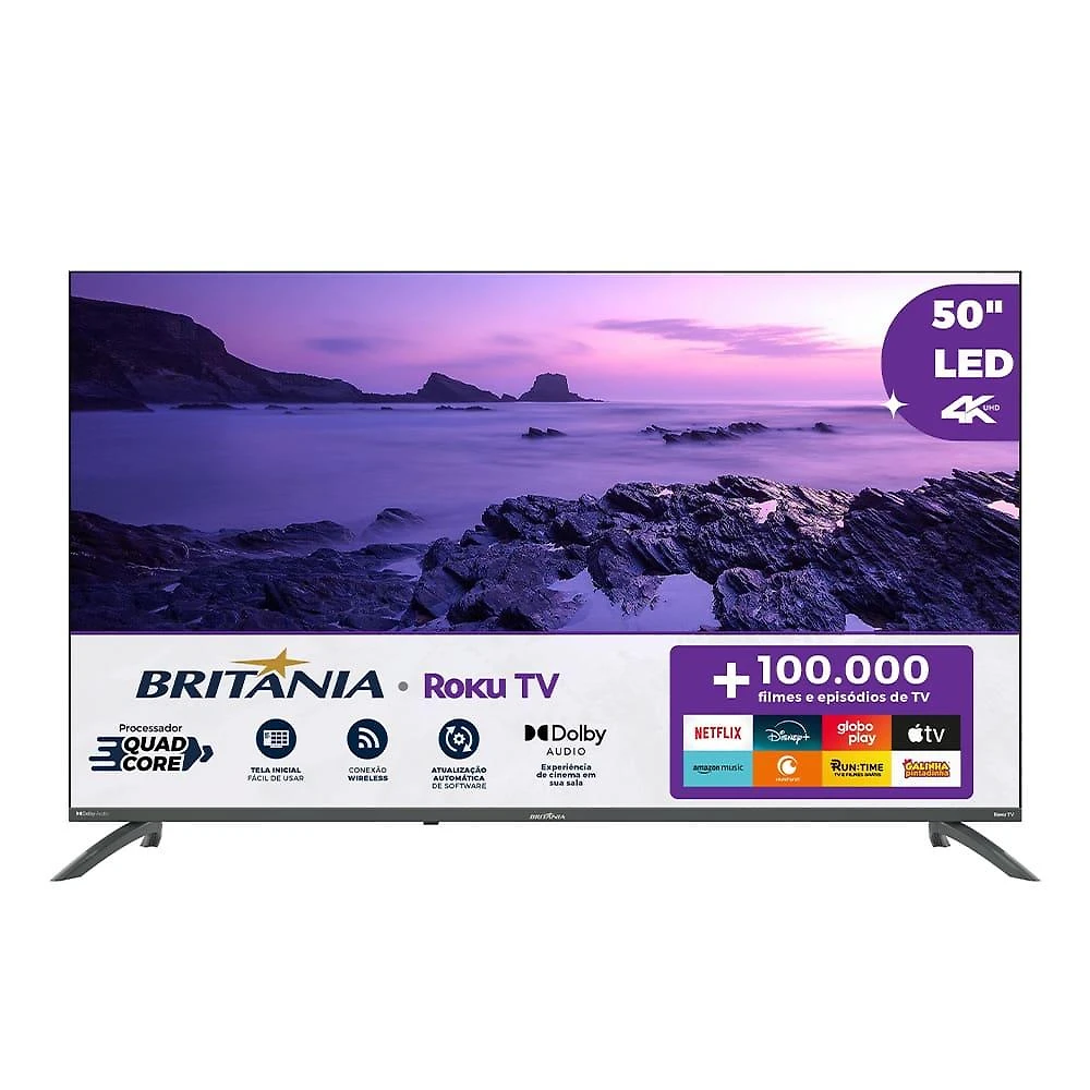 Smart tv 50" britânia ultra hd led btv50va4regb com sistema operacional roku tv, dolby audio, processador quad-core, entradas usb e hdmi