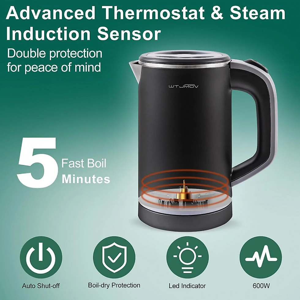 Chaleira Elétrica 0,8L com Desligamento Automático, Aço Inoxidável, 110V 600W, WTJMOV, Preto