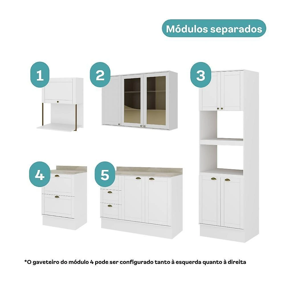 Cozinha Completa com Balcão Milla Smart Clear 10 Portas 5 Gavetas MDF Branco Móveis Carraro