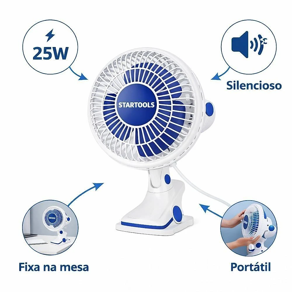 Ventilador de Mesa Portátil Utibom 25W 3 Pás 2 Velocidades Branco 110V