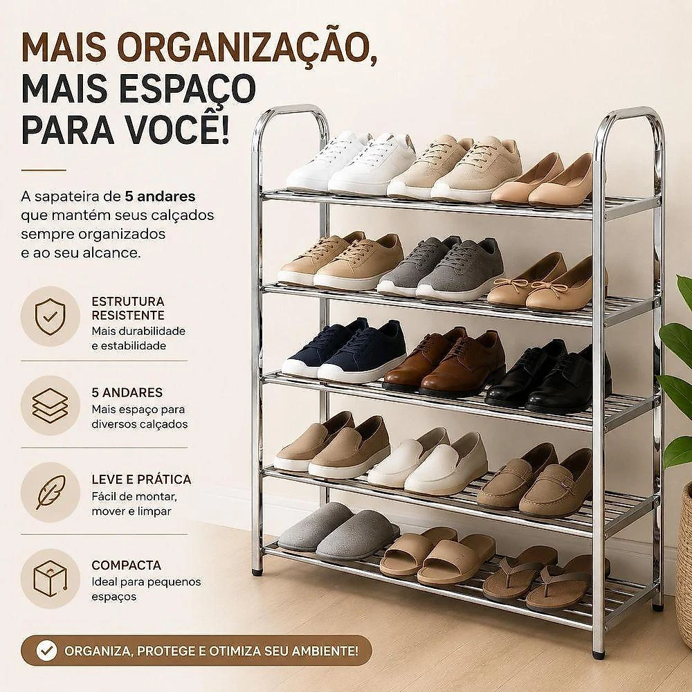 Sapateira Estante Inox 5 Prateleiras 59CM Aco Metal Plastico 15 Pares Organizadora Desmontavel webcontinental-7427319442339