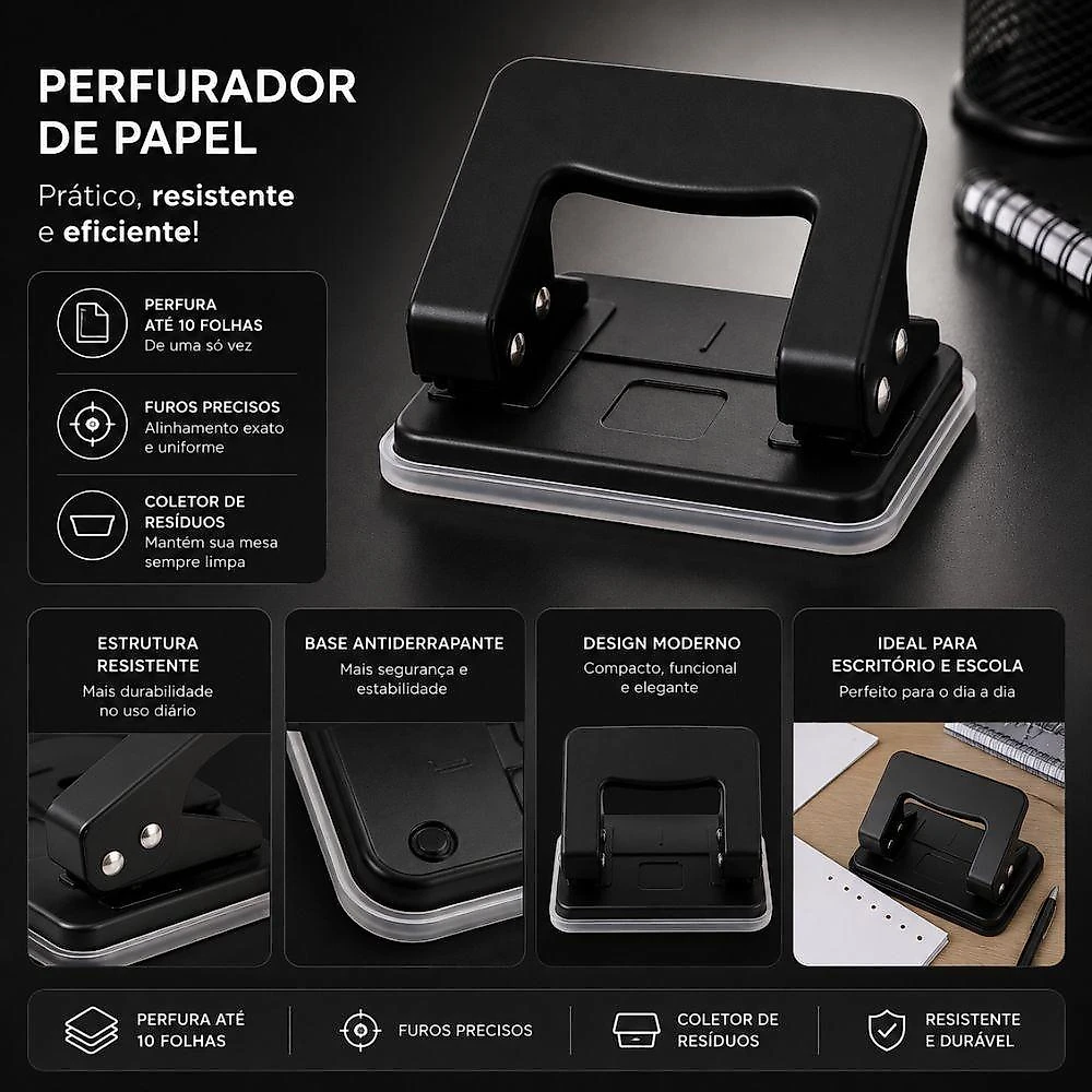 Perfurador de Papel Yeet 2 Furos 10 Folhas 6mm com Base Antiderrapante Preto