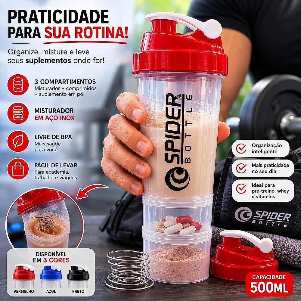 Coqueteleira Fitness 3 Andares Garrafa Shaker Academia Plastico Resistente Compartimentos