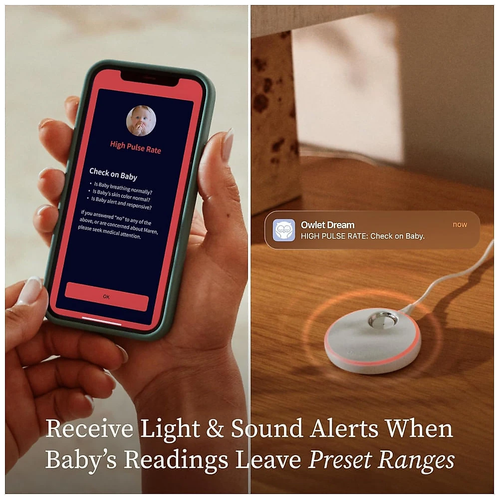 Monitor Sono Owlet Dream Smart Bundle Sensor Dedo Pé Oxigênio Pulso Cama Bebê WiFi Criptografado Branco