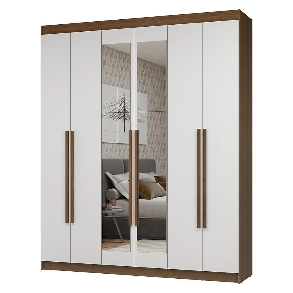 Guarda-roupa casal 6 portas batentes com espelho rustic/branco/rustic netuno madesa