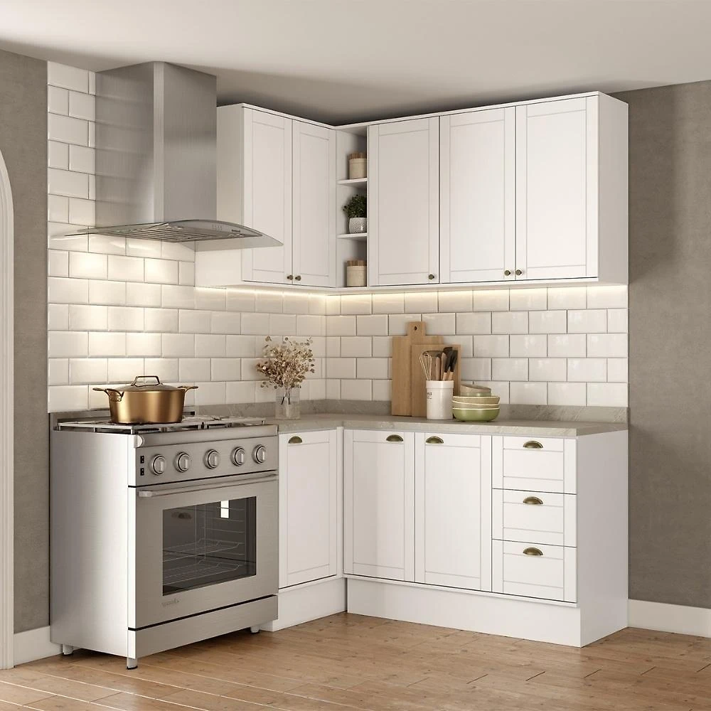 Cozinha Milla Bee Fit 8 Portas 3 Gavetas MDF 265CM Branca com Puxadores Dourados Móveis Carraro