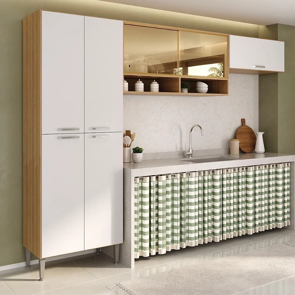 Armário Cozinha Modulada Compacta Com Vidros 270cm 3 Peças Paris Multimóveis Mp2297 Madeirado-Branco