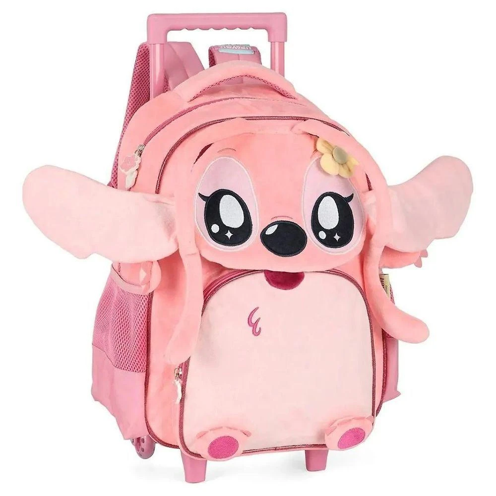 Mochila Rodinha Infantil Luxcel Stitch Angel Pelucia Premium 23L Rosa Orelhas 3D Menina