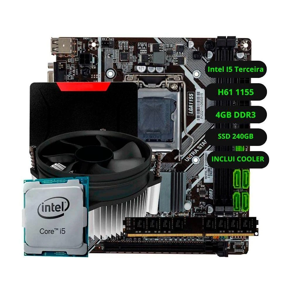 Kit para Computador Intel I5 Terceira H61 com SSD 240GB e RAM 4GB Solução Completa
