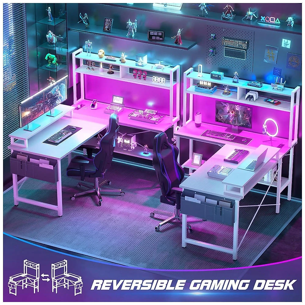 Mesa Gamer L Aheaplus Branca com Tomadas Elétricas, Luz LED, Prateleiras Reversíveis e Suporte para Monitor, Modelo 124 cm.