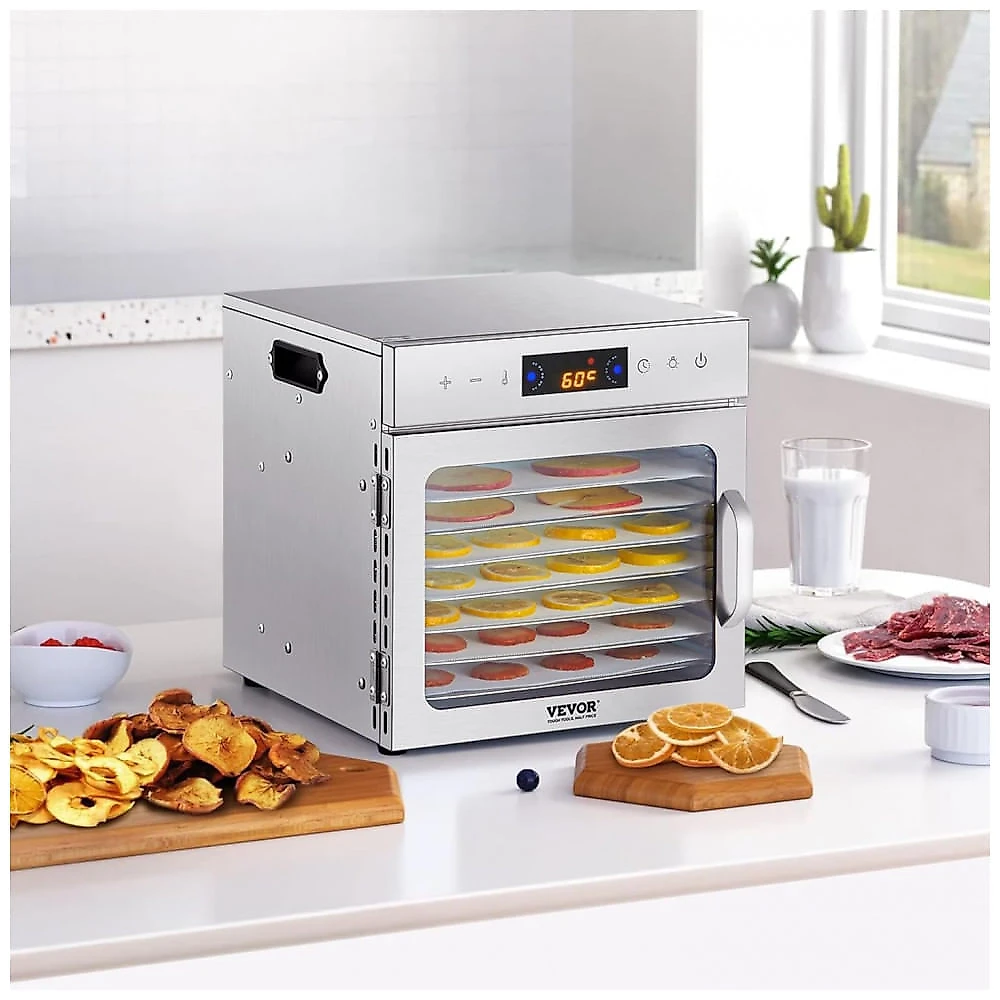Desidratador de Alimentos VEVOR Prata 8 Bandejas Aço Inoxidável 400W Timer 24h 120V