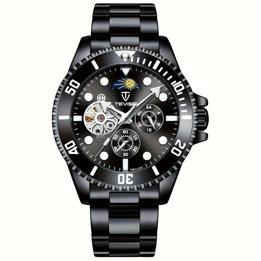 Relógio De Luxo , Automático Mecânico, 5 Pontos, Cronógrafo De 24h, Aço Inoxidável Preto