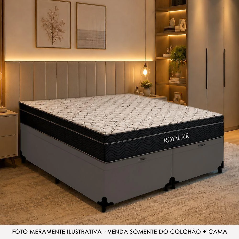 Cama Box Baú Casal 138cm Royal Air Pillow Top Molas Ensacadas Sintético Cinza Royal