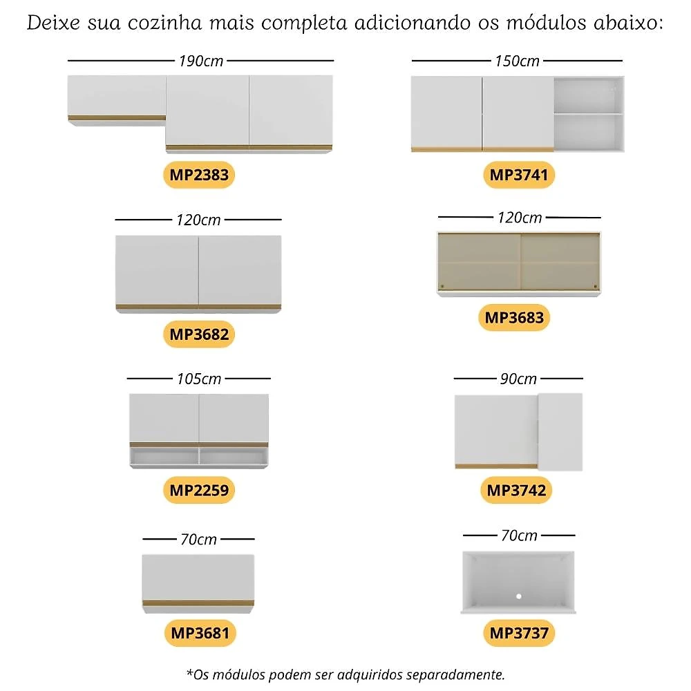 Armário de Cozinha Modulada Completa com Balcão 190cm Veneza Multimóveis MP2422 Branco