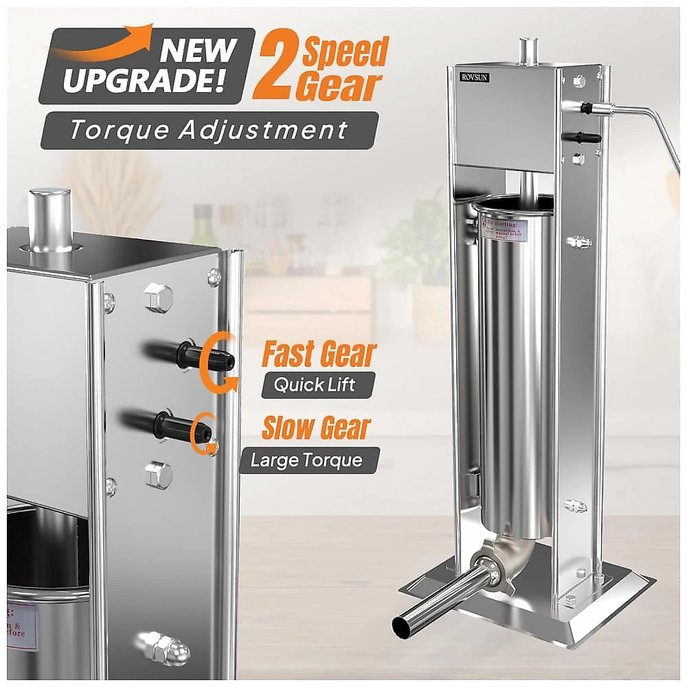 Máquina de Encher Linguiça ROVSUN 15LBS7L Manual, Dois Velocidades de Aço Inoxidável, Ideal para Uso Comercial e Doméstico