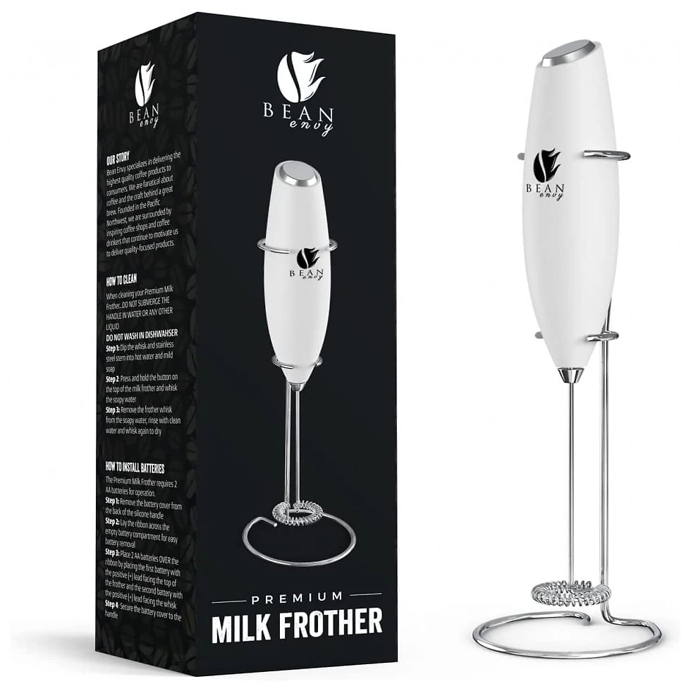 Bean Envy Espumador Elétrico de Leite em Aço Inoxidável a Bateria com Suporte, Branco