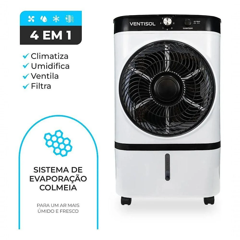 Climatizador Evaporativo Cli09 Ventisol 9 L Gelo Filtro Colmeia Portátil Silencioso 65w Residencial E Comercial 110V