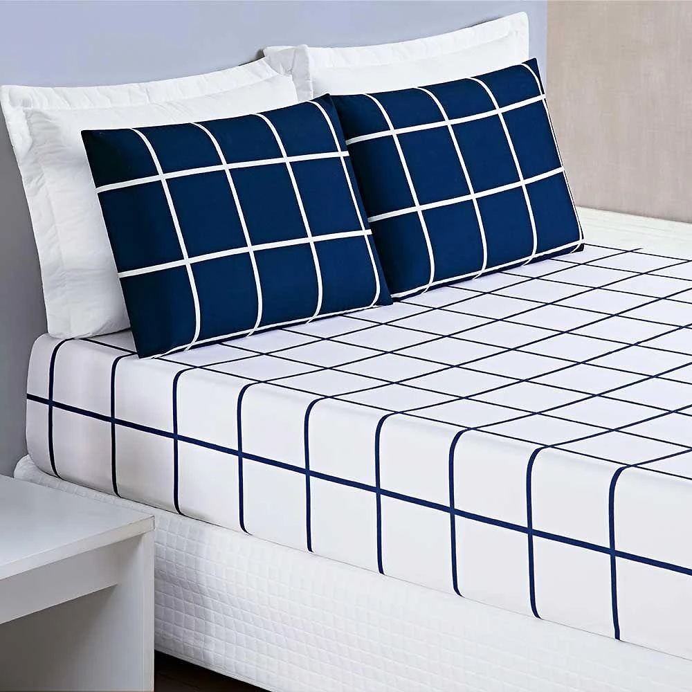 Jogo De Lençol Minimalista Casal King 3 Peças Percal 200 Fios Quadriculado - Azul Marinho