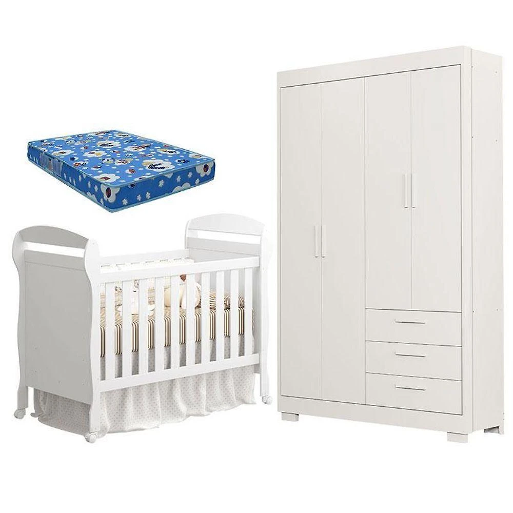 Berço Americano Danny E Guarda Roupa Infantil Zaki Branco Acetinado Com Colchão Ortobom - Reller