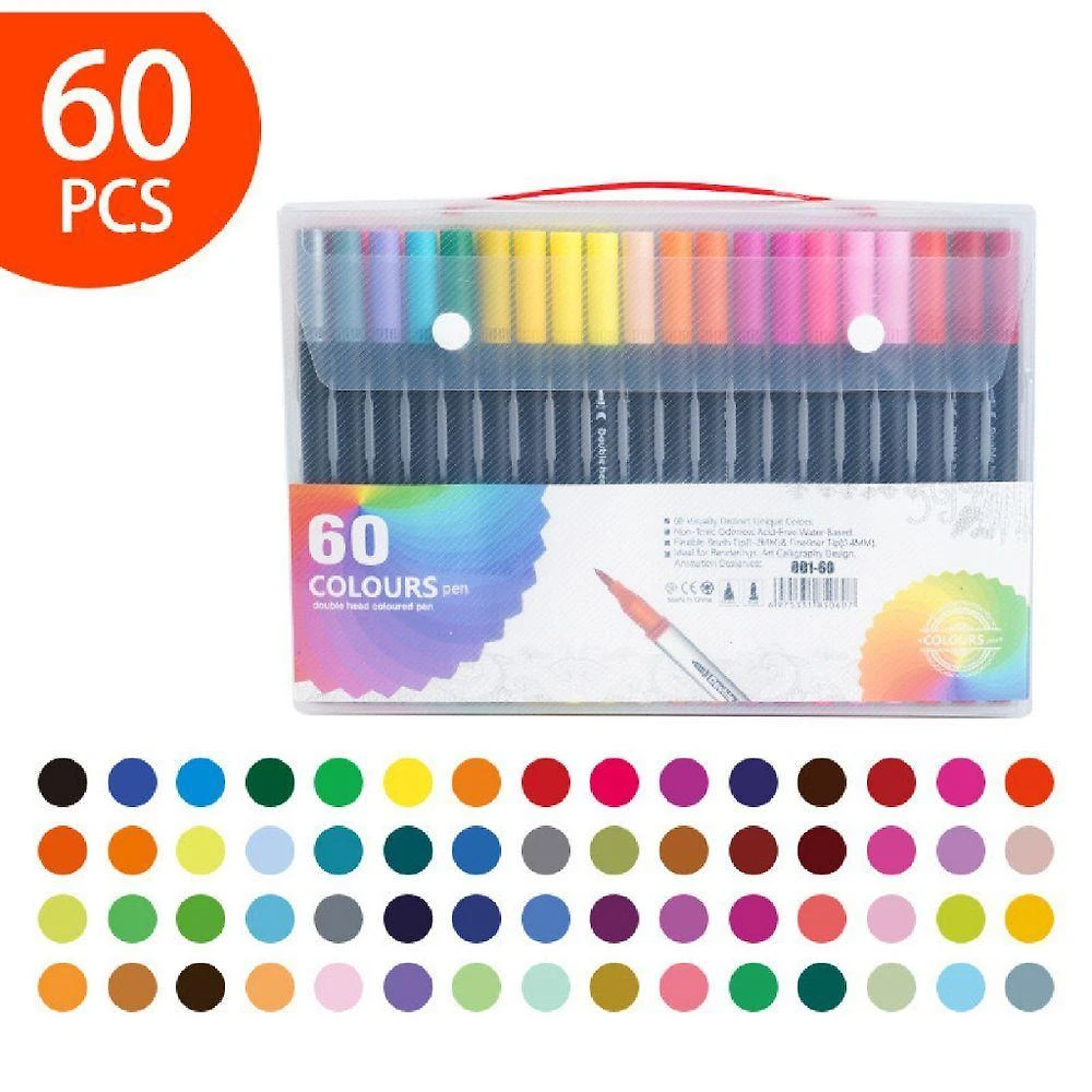 Caneta Hidrográfica OEM Dual Pen 2 em 1 Brush Lettering Ponta Fina 0 e 4 mm Kit 60 Unidades 60 Cores