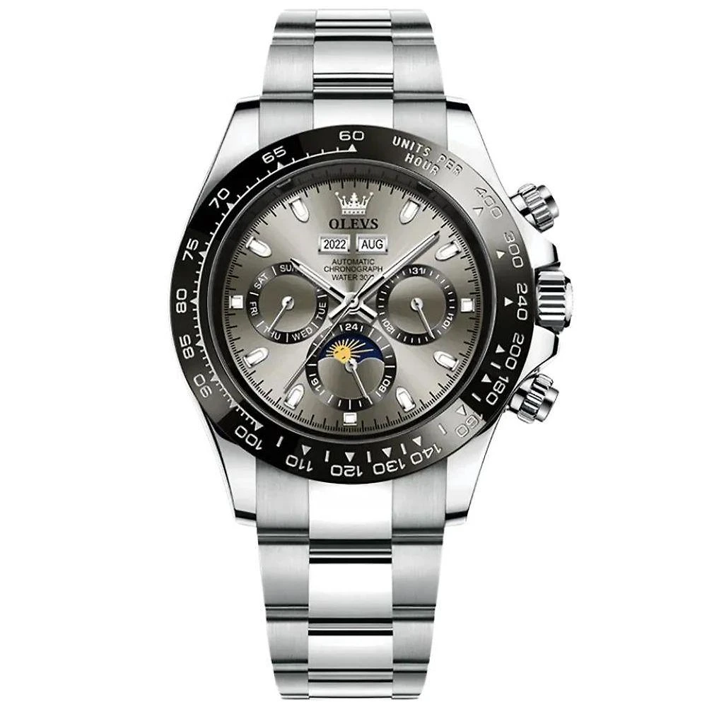 Relógio Masculino Automático Aço Inox Fase da Lua Cinza Olevs