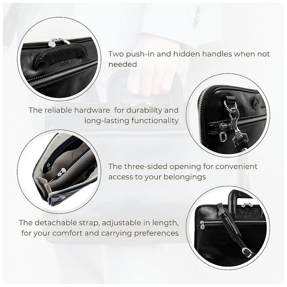 Bolsa Maleta de Couro Masculina para Laptop, TIME RESISTANCE, Preto
