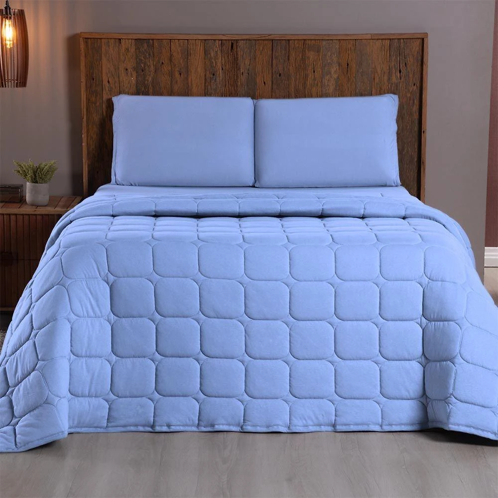 Kit Cobre Leito Colcha Minimal Casal 3 Peças Malha 100% Algodão - Azul Claro