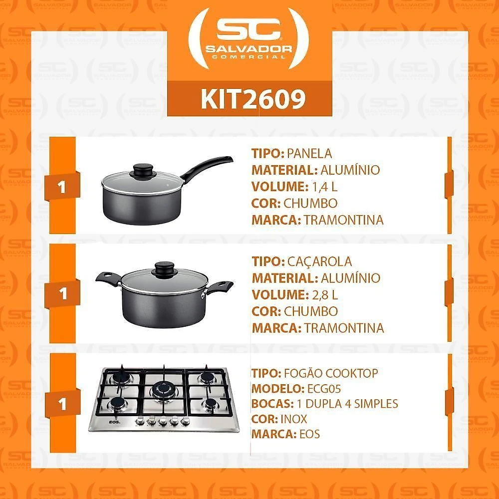 Fogão Cooktop Inox A Gás 5 Bocas 1 Dupla Ecg05 Eos + 2 Panelas Tramontina Turim Bivolt