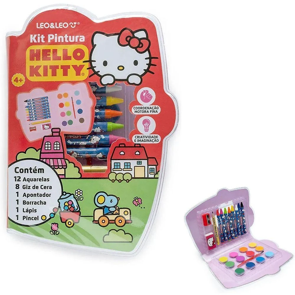 Kit de Pintura Infantil Leo & Leo Hello Kitty 24 Peças com Aquarela Giz de Cera e Estojo
