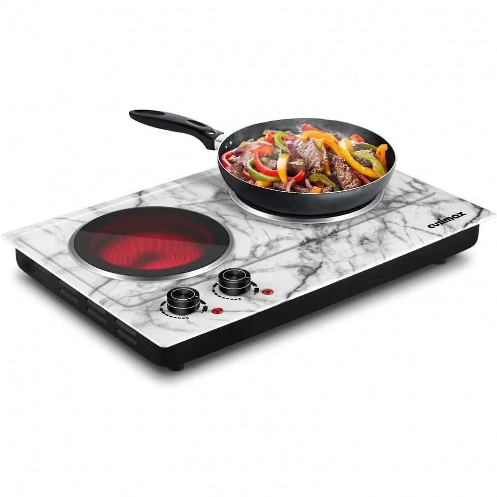 Cooktop Elétrico de Bancada com 2 Queimadores e Controle de Temperatura Ajustável, 110V 1800W, Cusimax, Branco Marmore