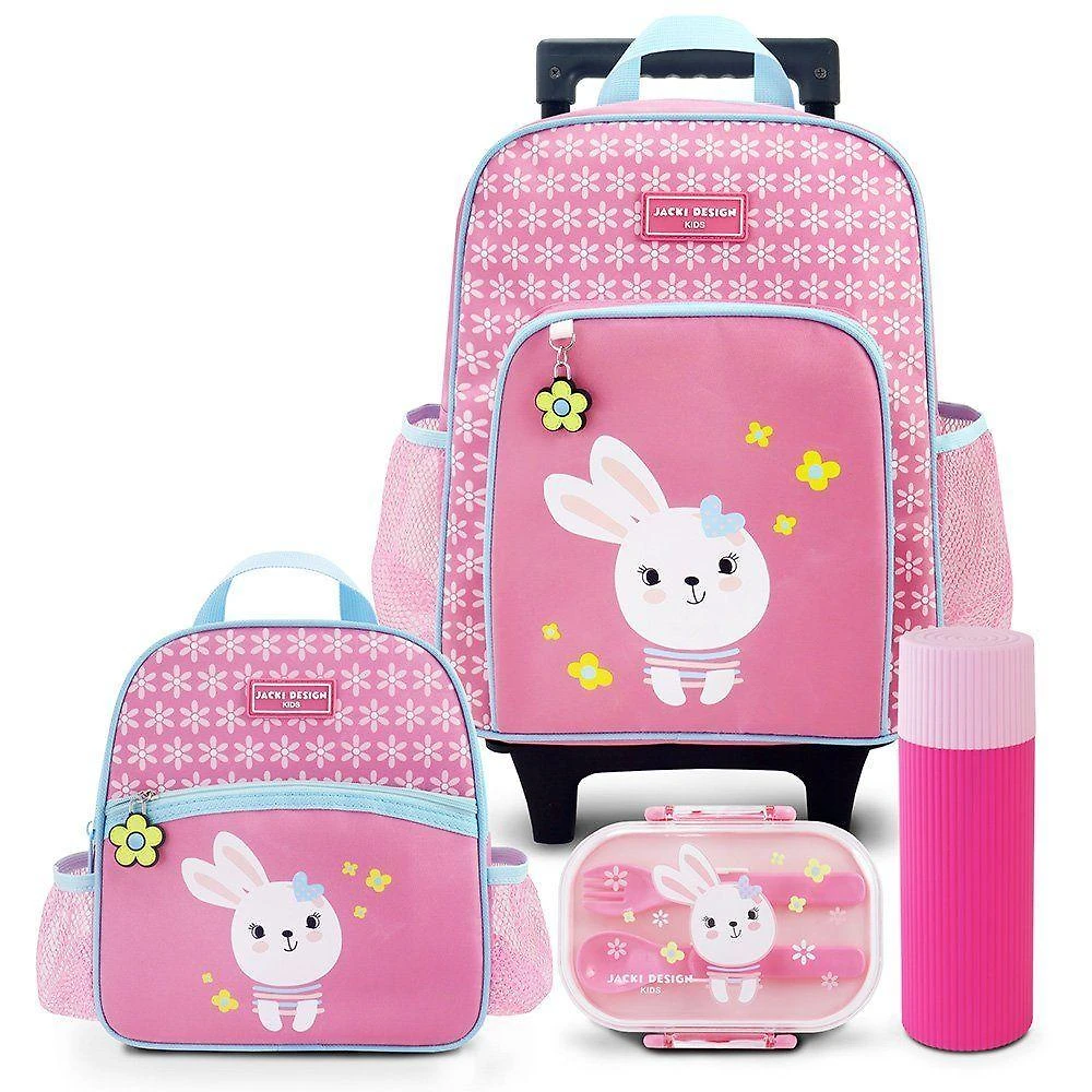 Kit Mochila Com Rodinhas Lancheira Pote P/ Lanche E Porta Acessórios Multiuso Pimpolho Rosa