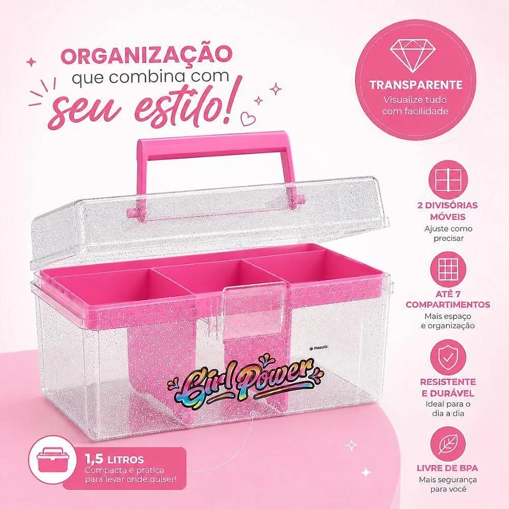 Caixa Organizadora e Frasqueira Cristal Multiuso Plástico Resistente Divisórias Móveis Transparente